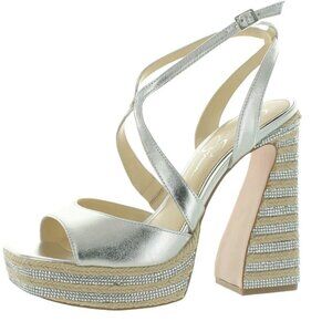 Jessica Simpson Silver Metallic Platform Sandals with Rhinestone Block Heel